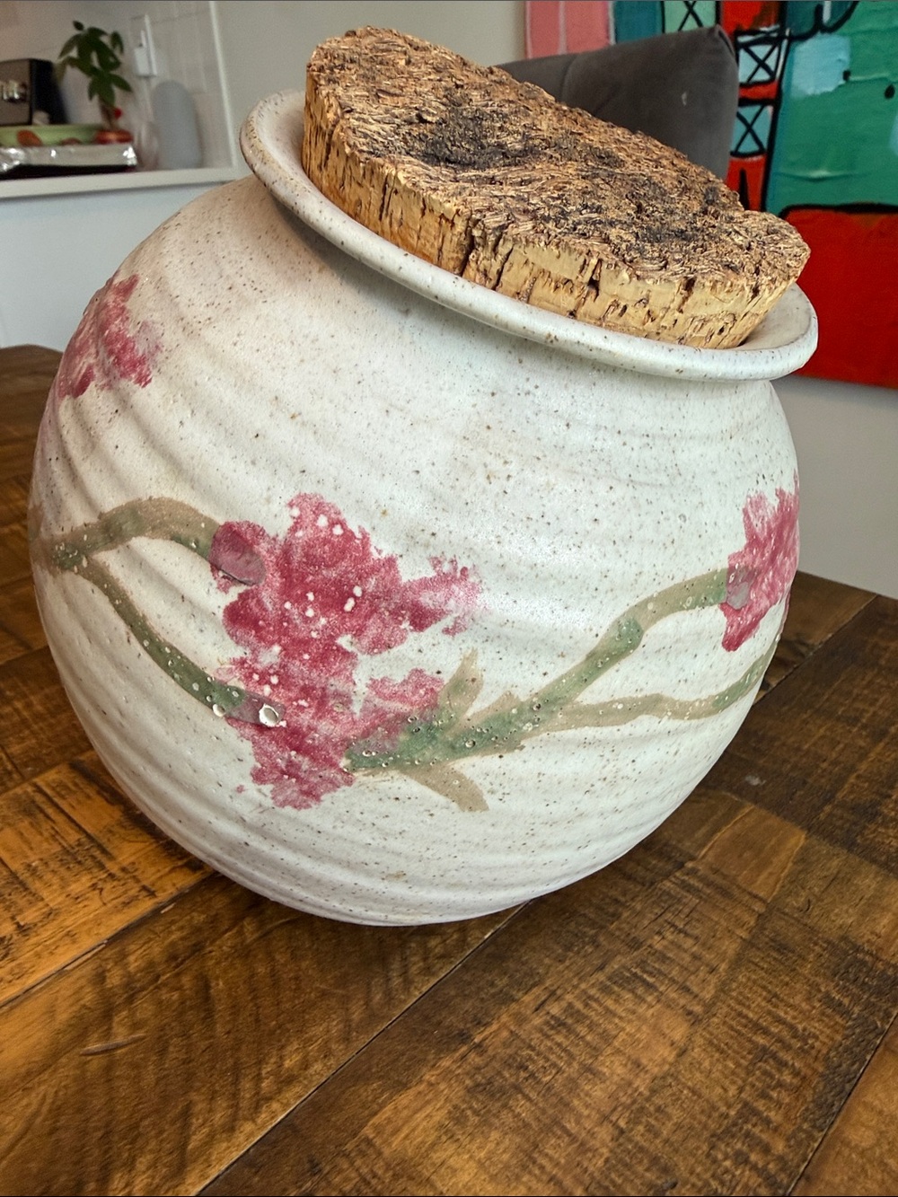 hand-thrown pottery cookie jar hand-painted cherry blossoms chunky with cork lid